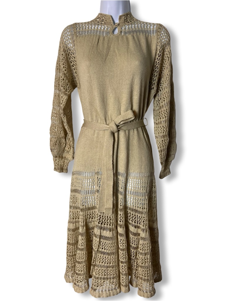 Vtg Miss Joann California Open Weave Crochet Lurex Knit Belted Midi Dress S/M